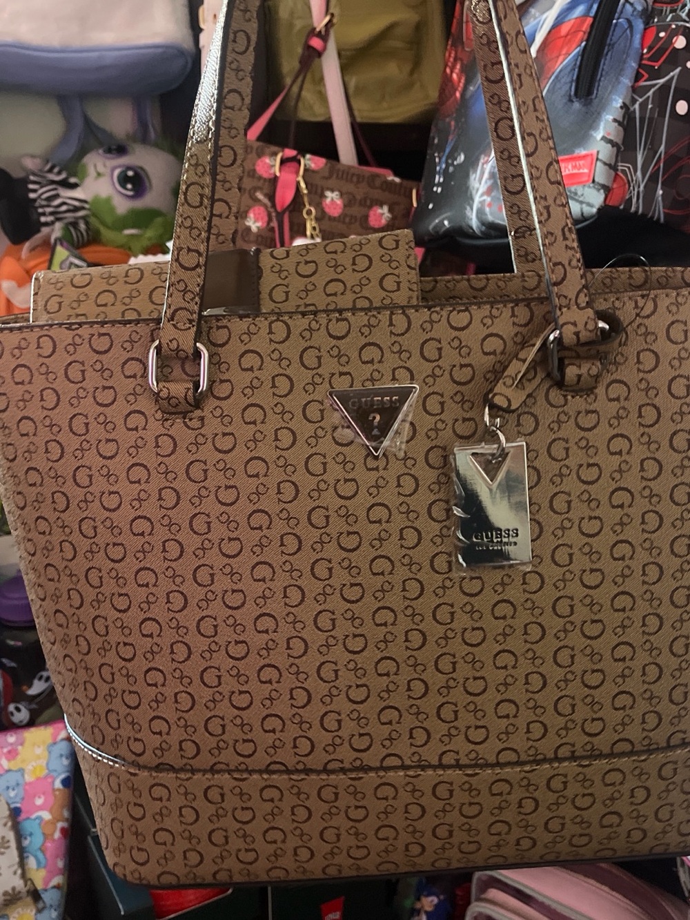 GUESS Brown Monogram Tote with Silver Hardware